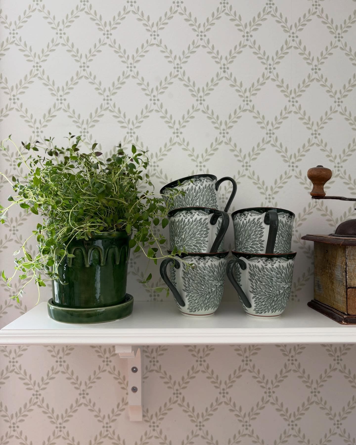 Shelf with green plant, mugs, and coffee grinder against patterned wallpaper.